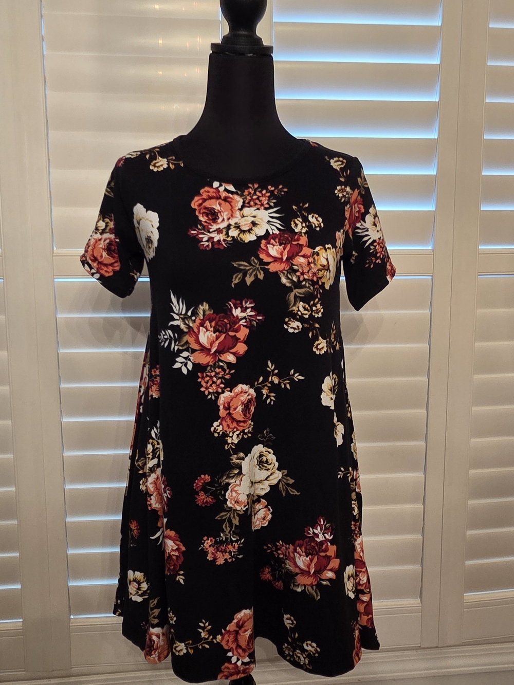 Discreet Black Mini Dress with Rose Floral Print